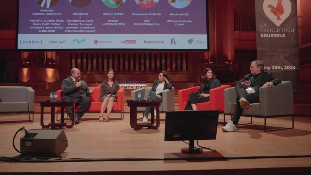 The ecosystems panel at Flagey in 2024: Nathanaël Ackerman, Héloïse Rozès, Emmanuelle Ghislain, Clara Chappaz and Bart Becks